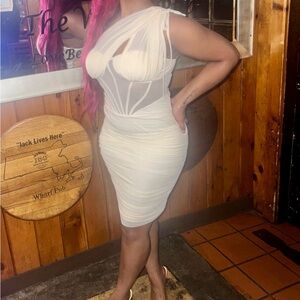 Sleeveless One Shoulder White Mesh Corset Dress